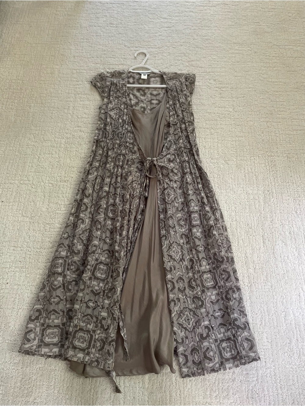 Vintage Jigsaw Gray 2-Piece Dress Textured Duster Front Tie 100% Silk Slip 10 - Picture 4 of 10